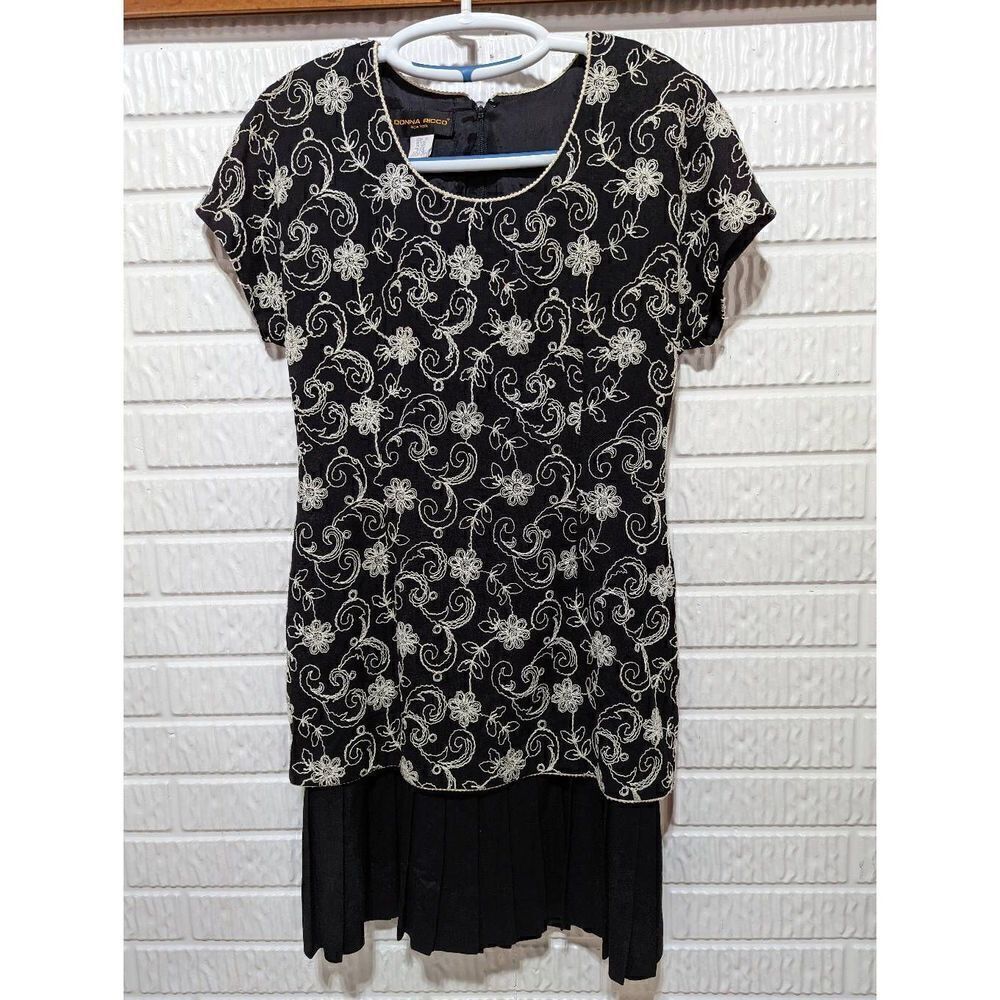Donna Ricco Black & Cream Embroidery Linen Blend Short-Sleeve Shift Dress Size 1